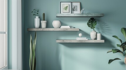 Pale blue accent wall with soft gray floating shelves and soft gray accent decor.