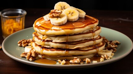 A tower of golden pancakes stacked with ripe bananas and crunchy walnuts