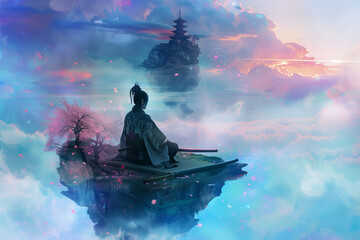 Samurai on a Boat in a Surreal Landscape of Floating Islands