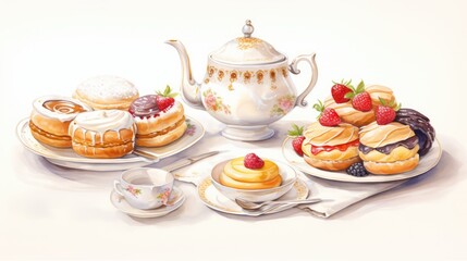 Obraz na płótnie Canvas High tea affair cartoon illustration - Generative AI. Teapot, cakes, fruits, plate.