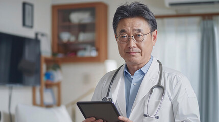 Experienced Asian doctor with a tablet, standing confidently in a clinic.