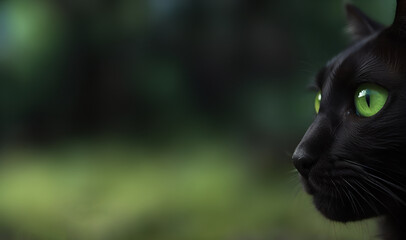 portrait of a black cat with green eyes on green blurred background, banner, background