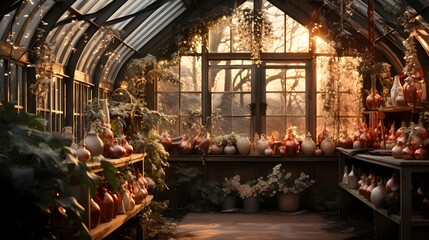 Beautiful interior of a greenhouse with fruit and vegetables, panorama