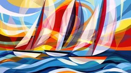 A vibrant painting depicting three sailboats floating gracefully on the ocean, captured in beautiful watercolor illustration AIG50