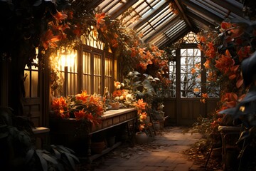 Beautiful autumn garden in the evening light. Panoramic photo.