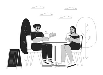 Diverse couple of plus sized people in cafe black and white cartoon flat illustration. Friends with overweight outing 2D lineart characters isolated. Lifestyle monochrome scene vector outline image