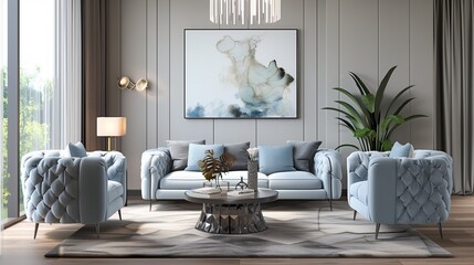 Pale blue sofa with soft gray accent chairs and soft gray area rug in a living room.