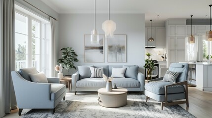 Fototapeta na wymiar Pale blue sofa with soft gray accent chairs and soft gray area rug in a living room.