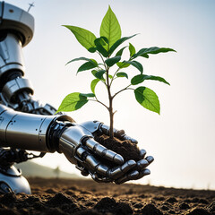 Robot hand holding plant, synthetic life, genetic engineering concept.nvironmental technology concept. Robot hand holding small plants with Environment icon