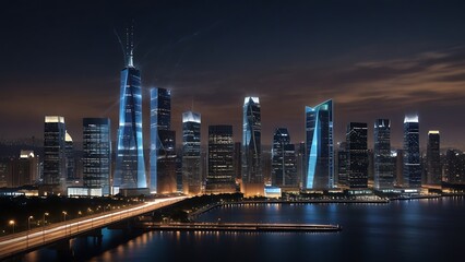 Night Skyline of Futuristic Cityscape with Modern Skyscrapers