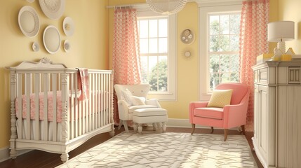 Pale yellow accent wall in a coral nursery with coral furniture and pale yellow accessories.