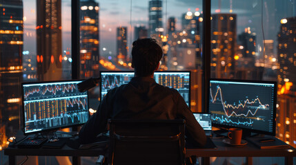 Obraz premium A trader monitors multiple screens showing financial markets from a high-rise office at night.