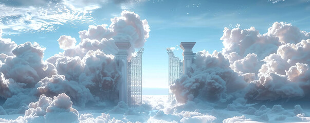 A surreal image of ornate gates standing amidst fluffy clouds under a blue sky, evoking a heavenly or dreamlike scene.