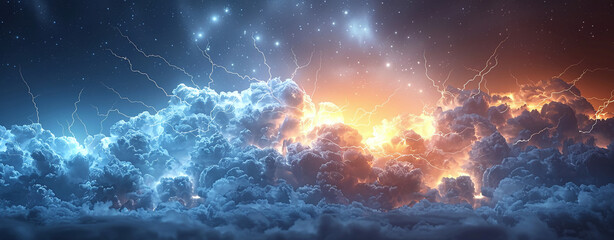 Dramatic sky with clouds illuminated by lightning and stars, depicting a powerful storm at night.