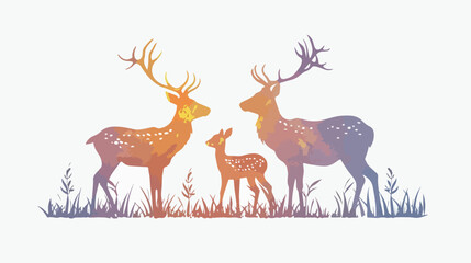 Cartoon deer couple and calf over grass in colorful style