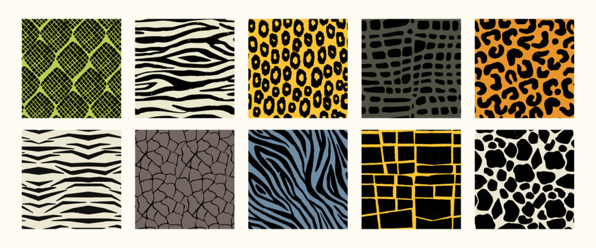 Animal patterns. Seamless print of wild fur skin leather, tiger leopard cheetah zebra giraffe python texture, zoo wildlife background. Vector texture set. Exotic striped and spotted design