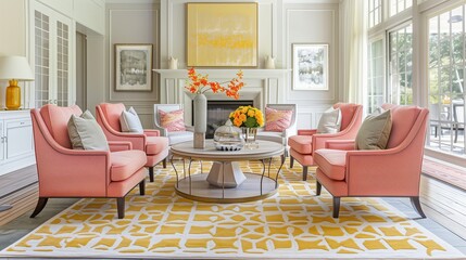 Pale yellow area rug with coral geometric patterns paired with coral upholstered chairs.