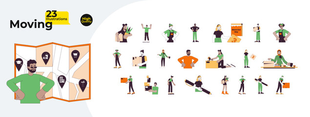 Fototapeta premium Packing moving house line cartoon flat illustration bundle. Holding cardboard boxes 2D lineart characters isolated on white background. Page tear-off, relocation map vector color image collection