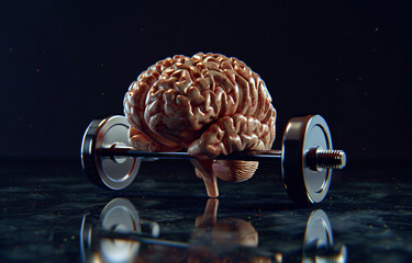 Brain power: conceptual image of brain lifting weights