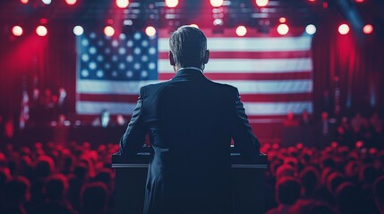 A powerful image depicting the 2024 presidential candidate at a podium, with the American flag as a backdrop  8K , high-resolution, ultra HD,up32K HD