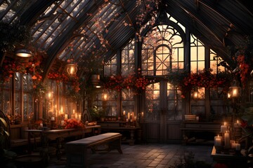 Illuminated interior of a greenhouse with christmas lights in the evening