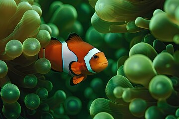 Clown Fish on Green Background, Underwater Marine Life
