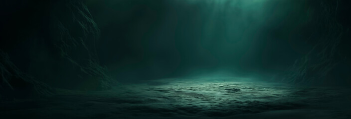 Banner, A dark green, empty room with a faint green light shining from the bottom right corner of frame. floor rough dirt and sand. dim glow of an unknown source kind of underwater rocks or ocean bed