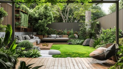 modern backyard garden design featuring a gray couch and pillows, surrounded by lush green plants and a wooden fence, with a pop of color from a red flower