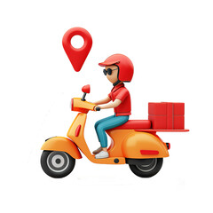 Shipping fast delivery man riding motorcycle icon, isolated on blank background, 3D style.