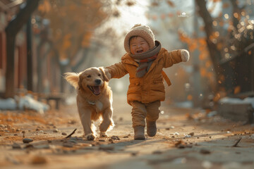 Happy joyful little boy walking with  golden retriever