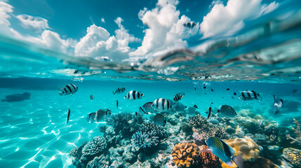 underwater view of a coral reef with many colorful fish swimming in blue clear water. scuba diving....