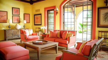 Pale yellow walls with coral trim and coral accent furniture pieces.