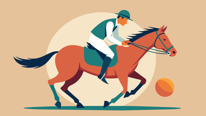 A skilled player leans over his horse delivering an impressive backhand shot that sends the ball flying.. Vector illustration