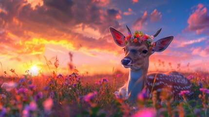 A deer with a flower wreath lying in a field of wildflowers at sunset. AI generated