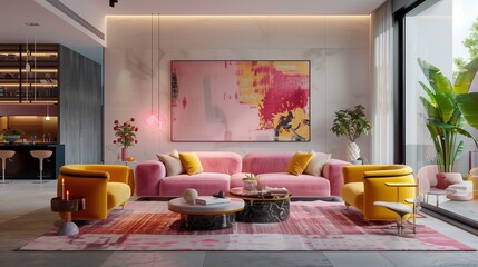 Pink sofa with yellow accent chairs and pink area rug in a living room.