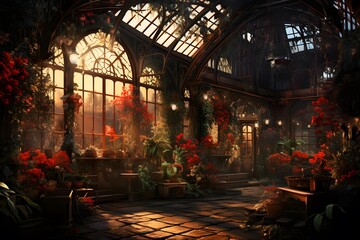 Beautiful interior of a greenhouse with flowers in the light of the setting sun