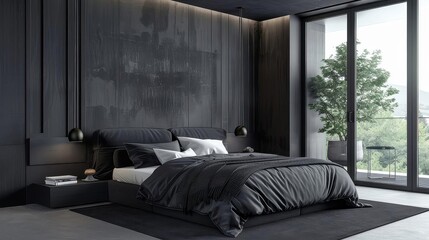 modern minimalist bedroom with monochrome palette featuring a black bed with white and black pillows, a black headboard, and a small black lamp the room is accented with a green