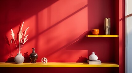 Red accent wall with yellow floating shelves displaying decor pieces.