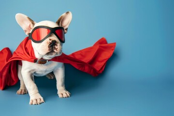 Puppy Dressed in Superhero Costume Against Blue Backdrop - Heroic dog, Animal Pets Cosplay