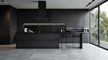 modern minimalist kitchen with matte black finishes featuring a black countertop, silver faucet, and metal stool, set against a gray and white wall and white ceiling, with