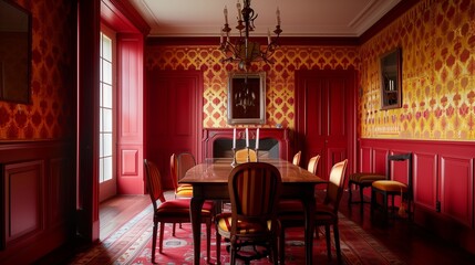 Fototapeta na wymiar Red and yellow patterned wallpaper in a dining room with red wainscoting.