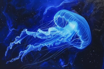 A glowing jellyfish floating gracefully in a deep blue ocean. AI generated