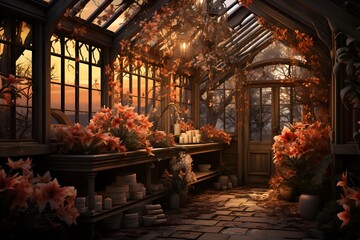 3d illustration of a greenhouse with flowers and plants in the evening