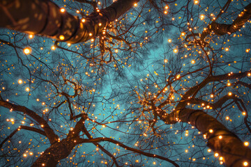 Beautiful fairy lights pattern with tree branches for background