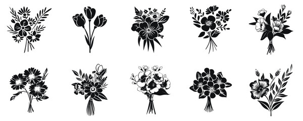 Elegant Flower Bouquet vector illustration. Different wildflowers hand drawn black on white background. Floral decoration silhouette.