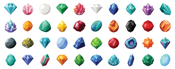 Collection of Gemstone and Crystal Icons, vector flat cartoon illustration. Crystals set - topaz, obsidian, diamond, moonstone, emerald, rose quartz mineral.
