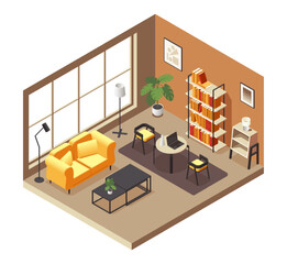 Living room isometric concept. Modern cozy apartment interior with furniture, sofa armchair coffee table and floor lamp. Vector 3D illustration. Yellow couch, chairs and book shelves