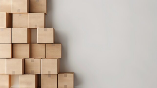 A stack of cardboard boxes against a white wall.