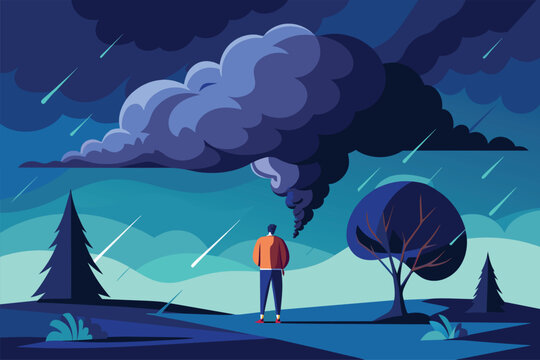 Man confronting a looming storm vector cartoon illustration. Solitary figure with depressive thoughts clouds.