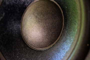 Acoustic speaker in close-up. Dust-covered parts